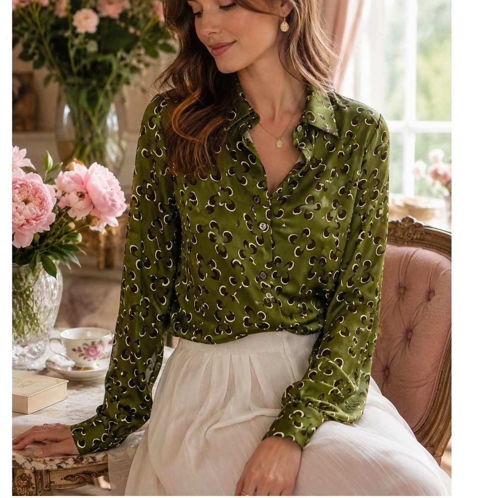 Printed Satin Button-Front Blouse in Olive Green